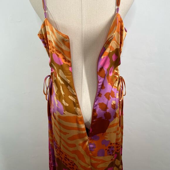 NWT Christian Lacroix Satin Printed Midi Dress Gold Pink Slip Party Vegas Size L - Picture 9 of 16